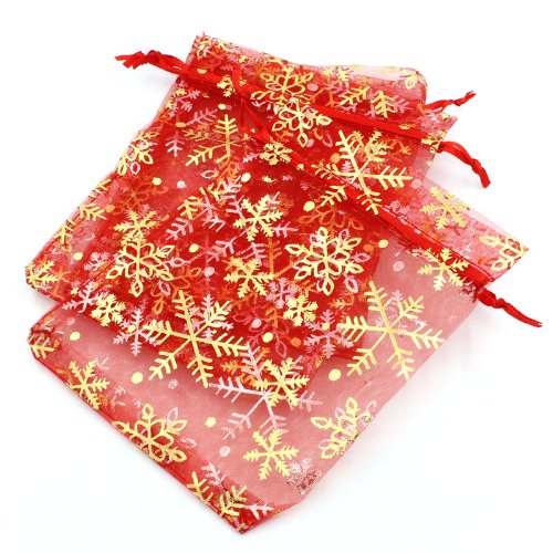 HooAMI 50Stk Rot Organza säckchen mit schneeflock Organzabeutel Hochzeit beutel Geschenk 12cm x16cm - 3