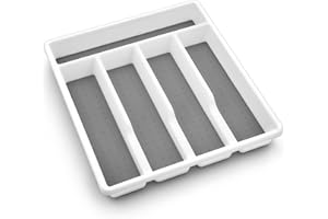 Homikit Pojemnik na sztućce do szuflad, wkład na sztućce z tworzywa sztucznego z 5 przegródkami, wytrzymały wkład do szuflad do kuchni/biura, miękka wyściółka i antypoślizgowe gumowe nóżki, 32,2 x