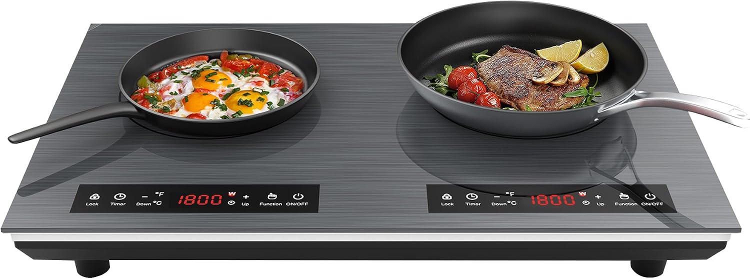 VBGK 3600W Double Induction Hob, Induction Cooker with Touch Controls & 10 Heat Settings, 3 Hour Timer, Child Safety Lock, with Plug for Home, Camping, Caravan, 220~240V, Grey