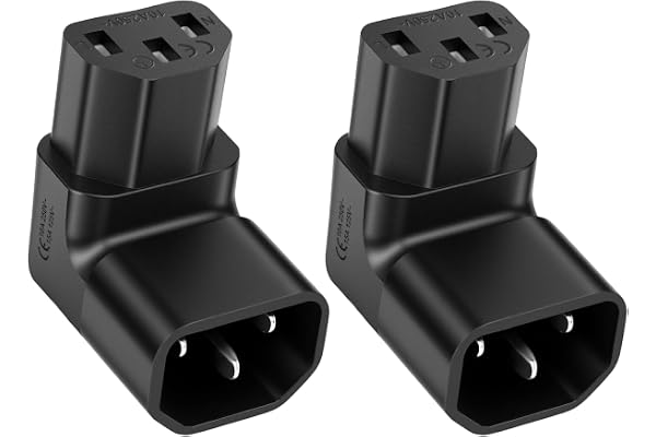 AXFEE 2 st IEC C14 till C13 rät vinkelkontakt, 90° uppåtriktad design, PVC-material, 250 V 10 A, IEC 320 C14 till C13 90 graders kontakt, för dator, skärm, skrivare, apparater