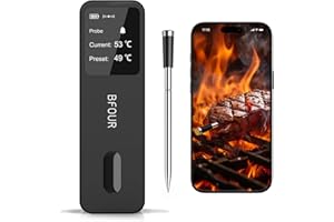 BFOUR BF-30 PRO Wireless Meat Thermometer, LCD Display, Bluetooth Grill Thermometer, Range App Connection, 100% Waterproof, Indoor and Outdoor Use, for Grill, Oven, Smoking, Roasting, Air Roasting