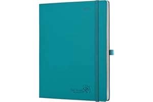 POPRUN Agenda 2025 Semana Vista 28,5 x 22,2 cm, Lengua Española, Intervalos de 15 Minutos, A4 Tapa Blanda, Porta Boligrafos Autoadhesivo, Cuero Puro, 100 GSM Papel EU, Rosa Pálido, Verde Pacífico