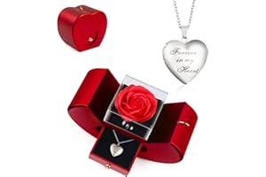 SOVIUPRZ Preserved Roses in A Box, Forever Red Rose Heart Box to My Love, Eternal Real Rose with Photo Necklace Cherish These