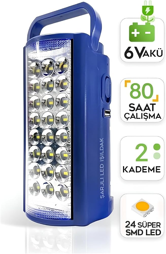 Kamp Lambası ve Portatif Işıldak Usb Şarj 6v Akülü 80 Saat - 3 gün Aydınlatma 24 Smd Led Işıldak Lamba 220v Şarj - USB Şarj Çıkışlı