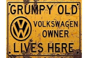 BigBazza Vintage Rustic Advertising Retro Wall Tin Plaque 20x15cm - Pub Shed Bar Man Cave Home Garage Kitchen Gift Metal Sign - Grumpy Old inspired VOLKSWAGEN VW Owner Lives Here, yellow