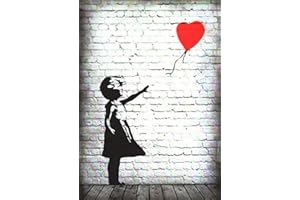 KUSTOM ART Aimant (aimant) Série Bansky Fille et Ballon Coeur Style Vintage de collection Impression sur bois 10 x 6 cm