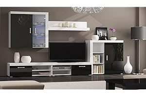 SKRAUT HOME Mueble Comedor, Salon Moderno con Leds, Acabado en Negro Brillo Lacado y Blanco Mate, Medidas: 290x200x45 cm de Fondo