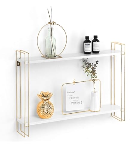 thumbnail image 2 of J JackCube Design Floating Shelves Set Of 3 – White Wood With Gold Wire Frames, Wall Mounted Storage For Living Room, Bedroom, Kitchen 2 of 12