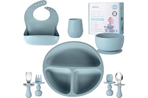 Befol Silikon Baby Geschirrset,8 Stück Kindergeschirr Set mit Saugnapf(Teller Lätzchen Schüssel Trinklernbecher Löffel Gabeln) BPA Frei Esslernbesteck für Spülmaschine und Mikrowelle(Blau)