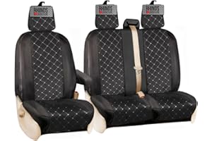 RHINOS AUTOSTYLING Tailored Ford Transit Custom Seat Covers 2013-2023 Driver & Double Passenger with Tray Flap & Arm Rest Heavy Duty Waterproof Polyester Nylon Leather Quilted Diamond (Black/Grey Diamond Polyester)