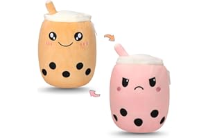 GDGZT Reversible Bubble Tea Plush, Reversible Plushies Boba Plush, Double-Sided Flip Plush Doll, Happy and Sad Mood Boba Plushies, Cute Plush Toys Gift for Girls and Boys (Brown & Pink)