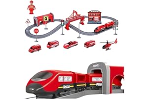 BASAMOU Train Électrique Enfant 3 4 5 6 7 8 Ans avec Lumières, Rouge Train Circuit Voiture Électrique Enfant, Jouet Piste de Course, Véhicules Jeux Garçon Fille Cadeau d'anniversaire Noël (66PCS)