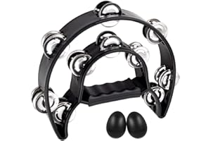 EASTROCK Tambourine Half Moon Tamburin,Hand Halbmondförmiges Schellenring mit 20 verchromte Schellen für Anfänger.Schlaginstrument Musik Zweireihige Metall Jingles für KTV Party(Doppel,Schwarz)
