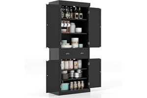 GiantexUK 183cm Tall Kitchen Cupboard, 4-Door Freestanding Pantry Cabinet with Adjustable Shelf, Drawer & Anti-Toppling Device, Wooden Storage Cupboard for Dining Room (without Door Racks, Black)