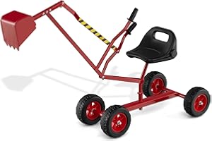 COSTWAY Excavadora de Arena para Niños, Juguete de Arenero con Controles de 2 Manos y Pala Flexible, Asiento Giratorio 360° y Respaldo,Excavadora Juguete Grande para Niños de 3+ Años (Rojo, Ruedas)