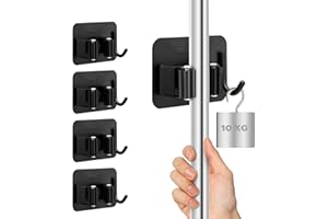 M JINGMEI Accroche Balai Mural, 4 Pièces, Support Auto-adhésif avec Crochets, Idéal pour Cuisine, Garage, Jardin et Salle de Bain (Noir)