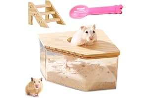 Nizirioo Przezroczysty akrylowy piasek łazienkowy dla chomików, chomików, piaskownica z drabinką, osłoną z naturalnego drewna i szuflą, dla chomików, myszoskoczków (trójkąt)
