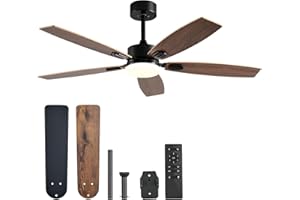 VONLUCE Ventilateur de Plafond avec Lumière Ø132CM 52 Pouces 5 Pales avec Télécommande Moteur DC Silencieux Réversible 6 Vitesses pour Chambre à Coucher Patios Salon Fermier, Noir et Marron