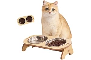 Druuzyl Gamelle surélevée pour Chat/Chien Double Bol en INOX avec Support en Bambou, Antidérapante pour Nourriture et Eau, Mangeoire et Abreuvoir Design pour Animaux (Lapin/Chien/Chat)