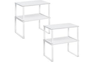 SONGMICS Organizzatori da Cucina, Set di 4 Scaffali da Banco, Portaoggetti per Armadietto, Impilabile, Espandibile, Metallo e Legno Ingegnerizzato, Bianco Nuvola e Bianco Neve KCS027W01