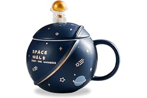 ZONSUSE Uroczy kosmiczny kubek ceramiczny, kawaii, astronauta, zabawne kubki z pokrywką i łyżką, spersonalizowane kubki do kawy, herbaty i mleka, kubek na prezenty na Dzień Matki, prezenty urodzinowe dla kobiet/dzieci, 400 ml (ciemnoniebieski)