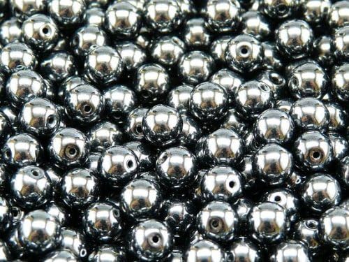 50 Pieces Czech Glass Pressed Beads Druk Round 6 mm Jet Hematit