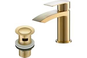 BATHWEST Monobloc Gold Brass Basin Taps with Pop Up Waste and Drain, 882AMGO