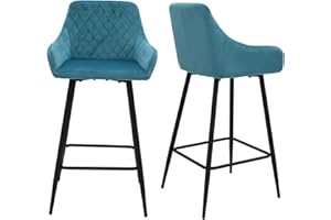 FRIDEKO HOME Frideko Bar Stools Set of 2, Kitchen Island Stools with Backs, Soft Velvet Padded, Metal Legs Counter High Chair with Armrest & Footrests, Breakfast Bar Chairs, Blue