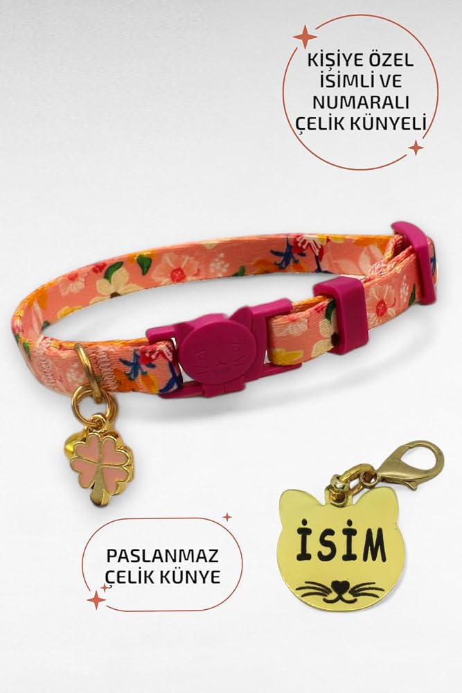 caramelos Güvenlik Kilitli Kedi Tasması, Isimli Kedi Tasması, Kedi Isimlik, Kedi Künyesi, Safety Click DESEN Y22-Tek Ebat