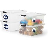 Iris Ohyama, Plastic Storage Box with Lid, 12.5L, Set of 4, Transparent, Locking Clips, Handle, Stackable, Solid and Durable