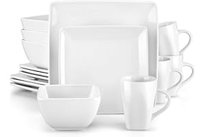 vancasso Soho Stoneware Square Dinner Set, 16 Piece White Dinnerware Service Set Kitchen Plate Crockery Set with Dinner Plate, Dessert Plate, Bowls and Mug, Service for 4
