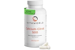 ‎VITA WORLD Calcium Citrat – 533mg Calcium pro Tag (120 vegane Kapseln) – Hohe Bioverfügbarkeit – Calciumcitrat für normale Knochen & Zähne - Calciumcitrat unterstützt normalen Energiestoffwechsel – vitaworld