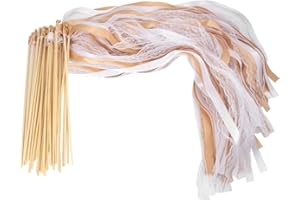 ZOYDP 50 Pièces Blanc Baguette Ruban Mariage, Baguettes De Mariage en Soie Avec Cloche, Baguette Ruban Clochette Mariage pour Mariage, Anniversaire, Fête Célébration De Vacances (Champagne)