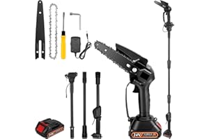 HUUPPHIP Cordless Pole Saw, 2 in 1 High Branch Saw, 6 Inch Mini Handheld Chainsaw, 3 Sections 1.8M Electric Extension, Battery and Charger, 90°Adjustable Head, for Garden Tree Trimming Branch Cutting