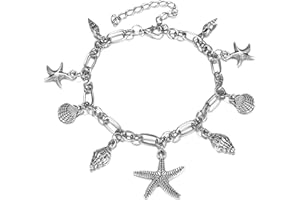 Mcaeou Summer Beach Feet Chain Gift for Women Smooth Silver Ocean Starfish Sea Conch Pendant Ankle Bracelet Ankle Silver Stainless Steel Adjustable Ankle Bracelet Women Ankle Bracelet for Her