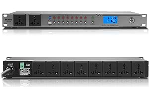 MICNAUX Rack Mount Power Conditioner 20A Sequencer for Audio Equipment, 10 Outlets 2000W Power Supply with 8 Independent Controls, Surge Protector, Voltage Display, External Switch