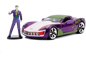 Jada Toys Chevy Corvette Stingray, 2009, figurka Jokera, Batman, skala 1:24, wolnobieg, drzwi i bagażnik oraz maska silnika do otwierania, Die-cast, w zestawie figurka Jokera