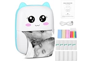 iBazal Mini Drucker, Taschendrucker - Tragbarer Fotodrucker, Wireless Thermodrucker für Smartphone Bluetooth mit 13 Rollen Papier, Aufkleberdrucker für Journal, Studium, Notizen, Bilder, Fotos Blue