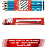 Faber Castell K&ouml;şeli Mercanlı Kurşun Kalem 12'Li + Faber-Castell Kırmızı Kopya Kalemi 12'Li