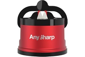 Aiguiseur de Couteaux AnySharp Pro en Métal, Sécurité Mains Libres, Ventouse PowerGrip, Affûte Tous les Couteaux de Cuisine, Idéal pour l'Acier Trempé & Dentelé | Le Meilleur au Monde | Métal Rouge