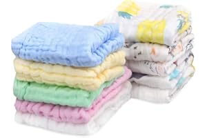 LYMYBETY 10 Packs Baby Muslin Washcloths, 30*30 cm 6 Layers Cotton Baby Muslin Squares, Reusable Soft Natural Organic Cotton Face Towels For Baby Wiping Bathing Feeding Towel (Random Color & Patterns)