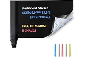 Ezigoo Blackboard Chalk Board Wall Sticker, 43cm x 210cm Black Boards for Walls, Black Boards for Home Kitchen Office School - 5pcs Coloured Chalks