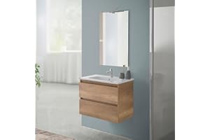 Inbagno Mobile bagno sospeso 70 cm rovere naturale con 2 cassetti, completo di lavabo e specchiera a filo reversibile, NADIA