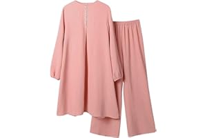 Amxleh Muslimische Kleider Damen 2 Teiler Langärmeliges Top + Lang Hose Ramadan Outfit Muslimisch Einfarbig Zweiteilige Sets Gebetskleidung Naher Osten Türkei Dubai Arabisch Abaya Anzug Gebet Outfits