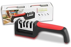 ALIMAN BRAND Afilador Cuchillos y Tijeras – Afilador de Cuchillos Profesional – Base Antideslizante – Afilado Rápido – Utensilios Cocina – Afilador 3 Etapas – Knife sharpener – Manual. (Rojo y Negro)