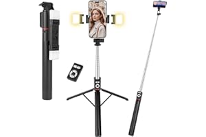 Adiwo 170cm Selfie Stick Stativ mit 2 Fülllicht, 3 in 1 Ausziehbar Stabil Handy Stative mit kabelloser Bluetooth-Fernbedienung, Tragbarer Handy Stativ mit Fernauslöser für Smartphone (Schwarz)