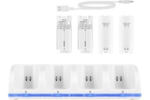 SOONHUA Station de Charge Wii 4 en 1 Wii Station de Charge de Contrôleur 4 en 1 avec 4 Piles Rechargeables Et Indicateurs LED pour Télécommande Wii - Blanc