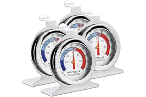 Fridge Thermometer Refrigerator Thermometer,INRIGOROUS 4Pcs Stainless Steel Dial Fridge/Freezer Thermometer with Hanging Hook and Retractable Stand