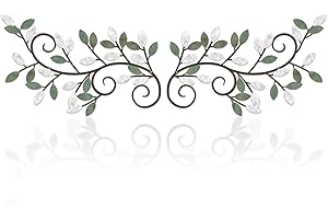 ESTART 2 Pieces Metal Tree Leaf Wall Decor Vine Olive Branch Leaf Wall Art Ornament Wall Hanging Sign for above Door, Living Room, Bathroom, Office, Indoor and Outdoor Decoration (White Green Colors)