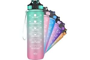 ETDW Borraccia Sportiva 1 Litro Senza BPA, Tritan Borraccia 1L con Cannuccia a Prova Perdita, Motivazionale Bottiglia Acqua con Indicatore Tempo per Palestra (Verde Viola)